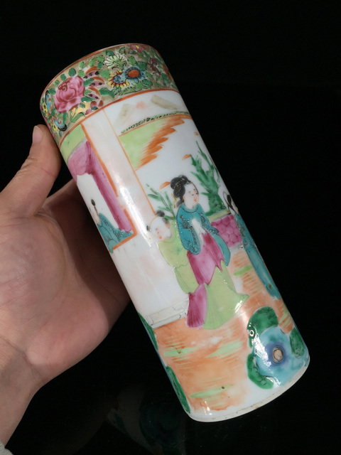 古玩陶瓷廣彩人物紋香筒真品鑒賞圖