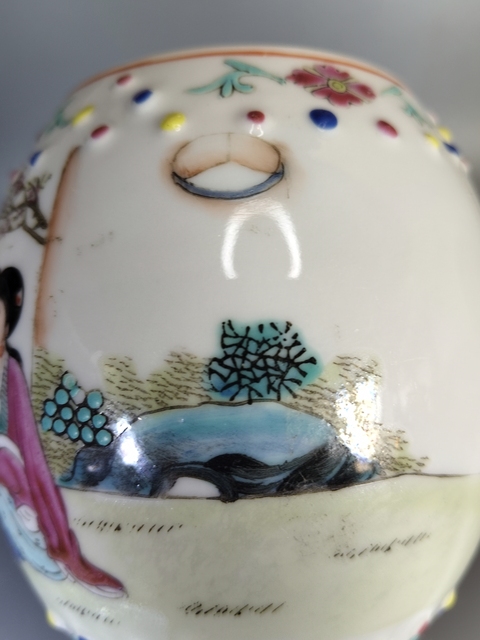 古玩陶瓷民國(guó)-粉彩人物故事紋鼓釘罐拍賣(mài)，當(dāng)前價(jià)格1369元