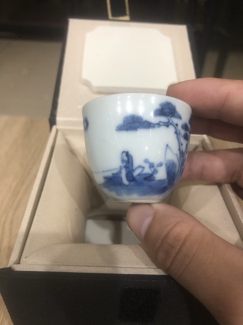 古玩陶瓷清晚·青花渭水垂釣紋杯 真品鑒賞圖