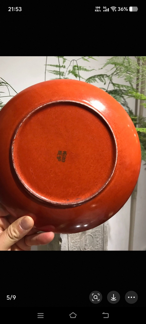 古玩陶瓷珊瑚紅粉彩花鳥紋盤真品鑒賞圖