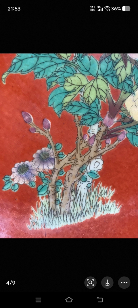 古玩陶瓷珊瑚紅粉彩花鳥紋盤真品鑒賞圖
