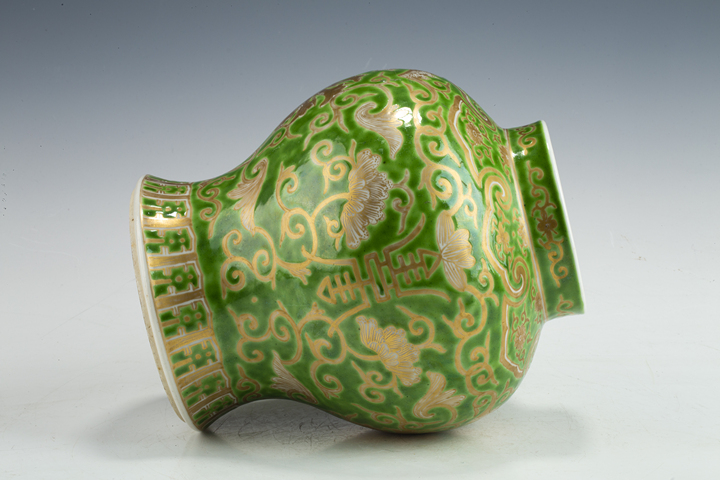 古玩陶瓷清末民初·綠地描金纏枝蓮福壽紋將軍罐拍賣，當前價格1586元