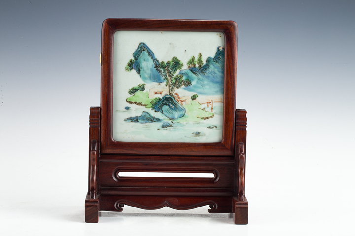 古玩陶瓷清中·粉彩山水紋瓷板插屏真品鑒賞圖