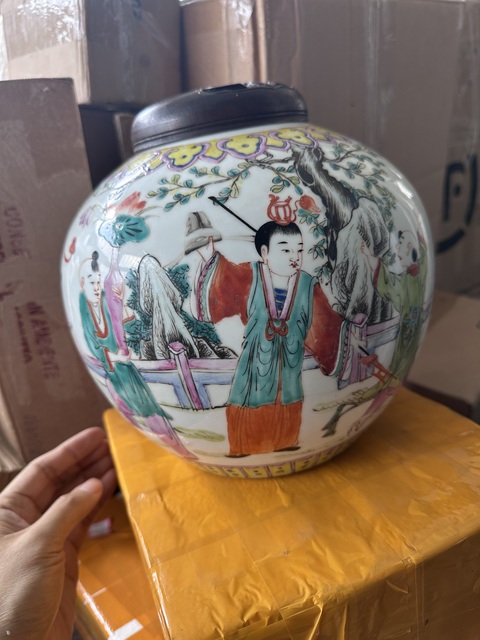 古玩陶瓷粉彩五子奪魁圖西瓜罐拍賣，當前價格3000元