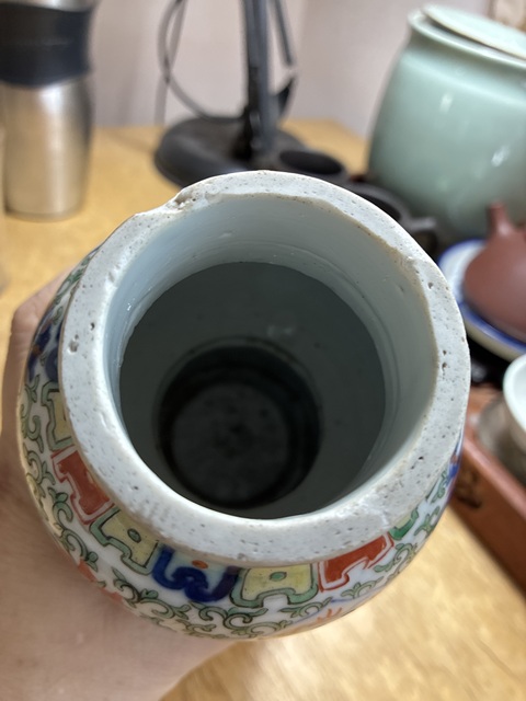 古玩陶瓷清晚期 青花五彩龍紋花觚（萬(wàn)歷官窯款）真品鑒賞圖