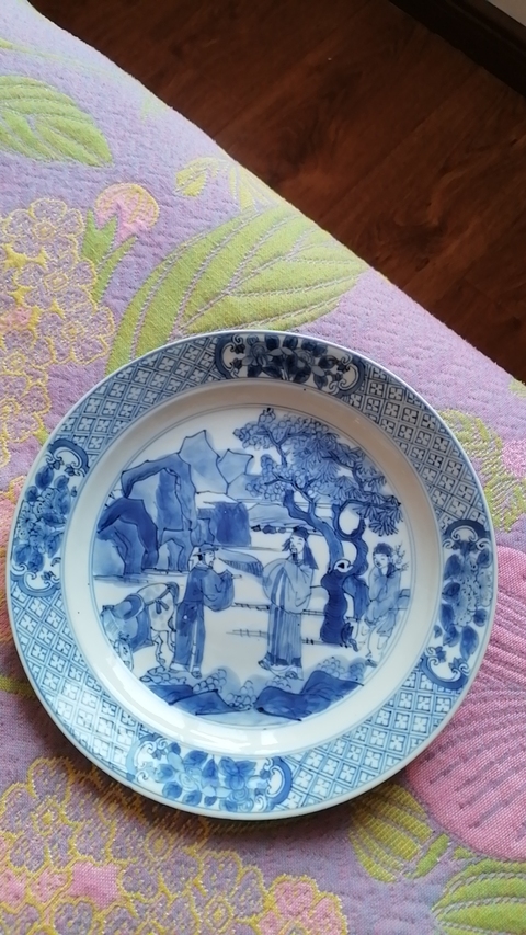 古玩陶瓷清康熙 青花人物紋折沿盤真品鑒賞圖