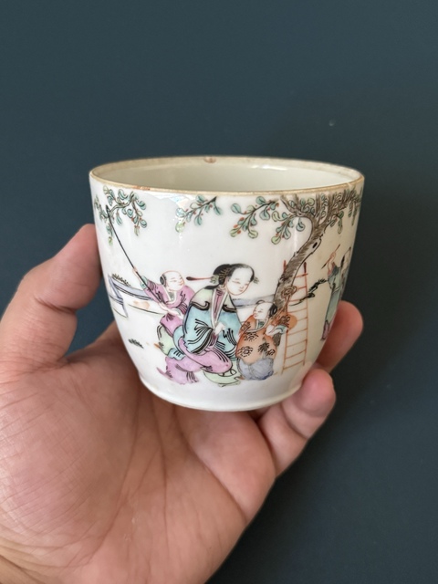 古玩陶瓷三娘教子圖粉彩蓋缸真品鑒賞圖