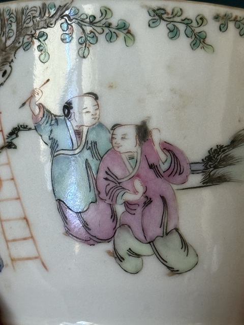 古玩陶瓷三娘教子圖粉彩蓋缸真品鑒賞圖