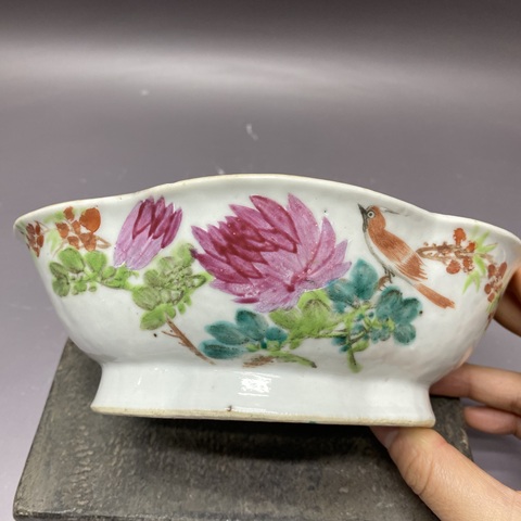 古玩陶瓷清晚期·淺絳彩花鳥紋海棠型貢盤拍賣，當前價格1200元