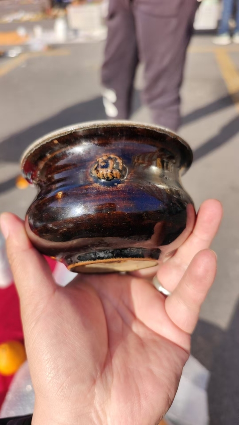 古玩陶瓷烏金釉獅耳爐真品鑒賞圖