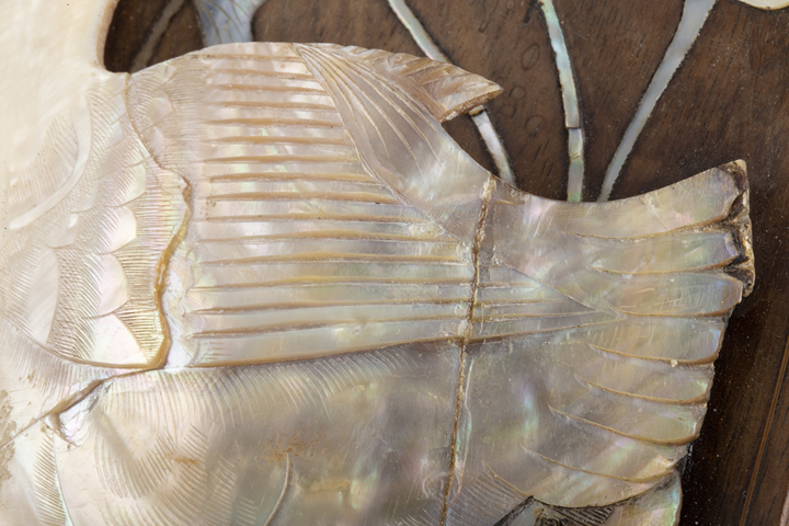 古玩雜項民國·木嵌螺鈿雕荷雁紋壁瓶一對真品鑒賞圖