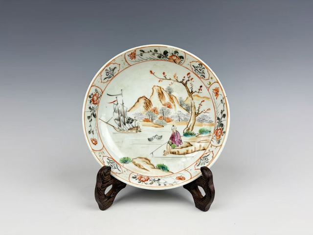 古玩陶瓷清乾隆·墨彩山水人物垂釣圖盤真品鑒賞圖