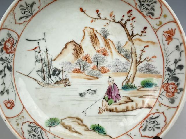 古玩陶瓷清乾隆·墨彩山水人物垂釣圖盤真品鑒賞圖