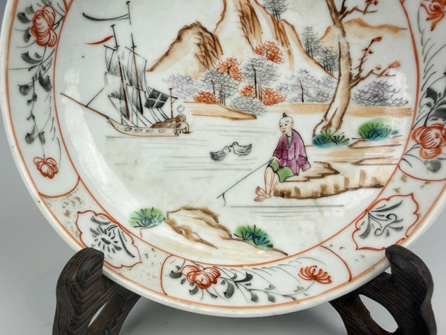 古玩陶瓷清乾隆·墨彩山水人物垂釣圖盤真品鑒賞圖