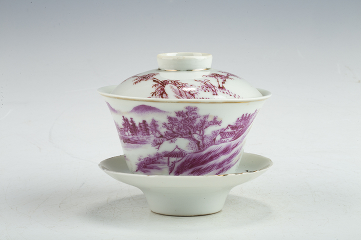 古玩陶瓷民國·胭脂紅山水人物紋三才蓋碗拍賣，當前價格236元