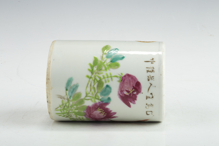 古玩陶瓷清晚·淺絳彩花鳥紋筆筒真品鑒賞圖