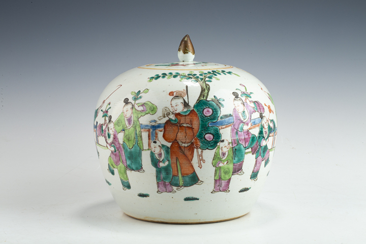 古玩陶瓷清晚·粉彩五子奪魁紋西瓜罐真品鑒賞圖