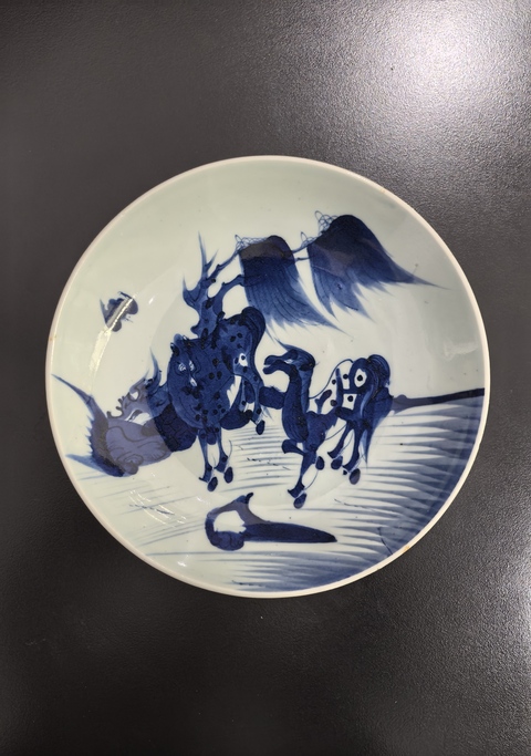 古玩陶瓷雍正青花柳蔭雙駿圖盤拍賣，當前價格16888元