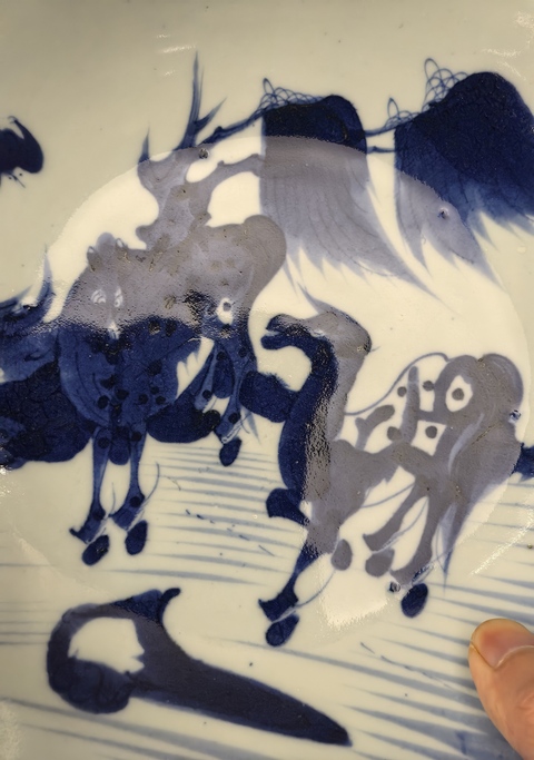 古玩陶瓷雍正青花柳蔭雙駿圖盤拍賣，當前價格16888元