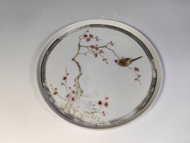 古玩陶瓷民國喜鵲登梅粉彩茶盤真品鑒賞圖