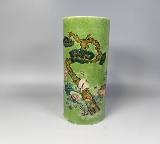 古玩陶瓷晚清松石綠粉彩松鶴延年帽筒真品鑒賞圖