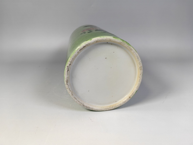 古玩陶瓷晚清松石綠粉彩松鶴延年帽筒真品鑒賞圖