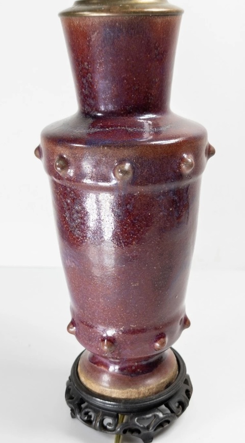 古玩陶瓷窯變釉鼓釘弦紋撇口長頸瓶真品鑒賞圖