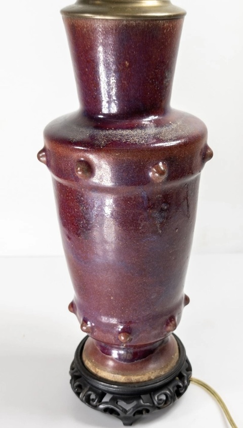 古玩陶瓷窯變釉鼓釘弦紋撇口長頸瓶真品鑒賞圖