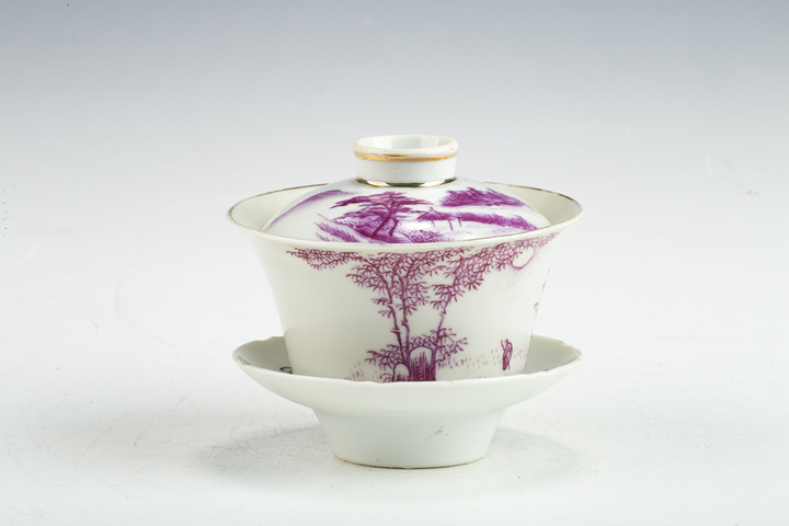 古玩陶瓷民國·胭脂紅竹林人物紋三才蓋碗拍賣，當前價格138元