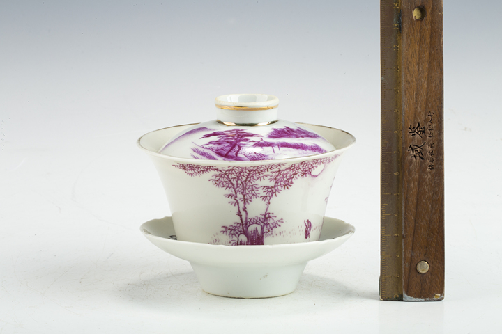 古玩陶瓷民國·胭脂紅竹林人物紋三才蓋碗拍賣，當前價格138元