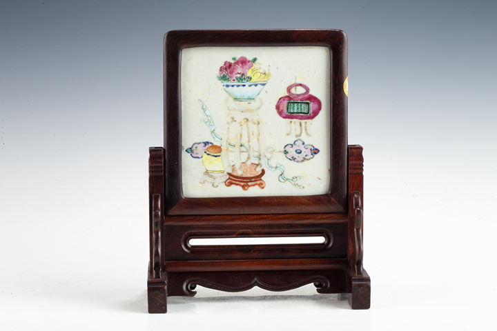 古玩陶瓷清中晚·粉彩博古紋硯屏真品鑒賞圖