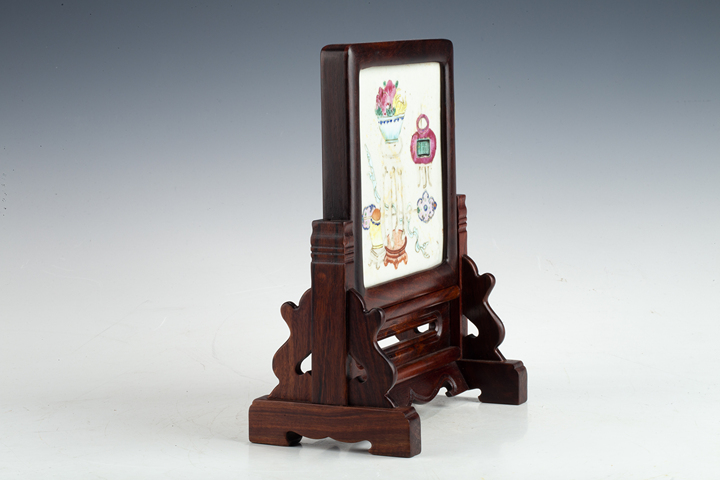 古玩陶瓷清中晚·粉彩博古紋硯屏真品鑒賞圖