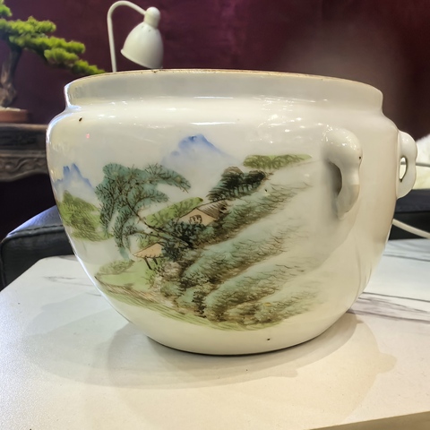 古玩陶瓷青綠山水彩山水紋四系粥罐真品鑒賞圖