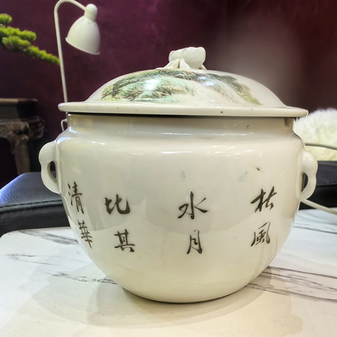 古玩陶瓷青綠山水彩山水紋四系粥罐真品鑒賞圖