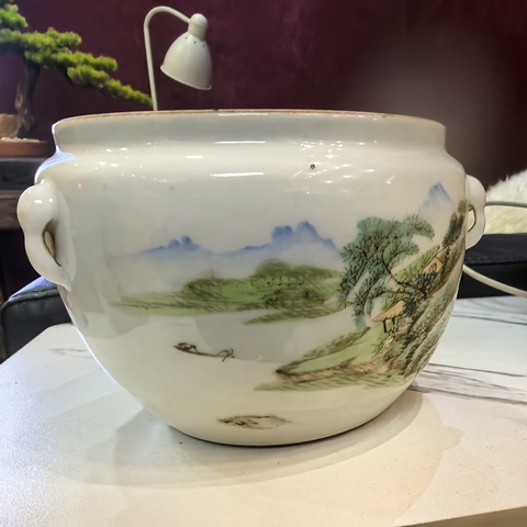 古玩陶瓷青綠山水彩山水紋四系粥罐真品鑒賞圖