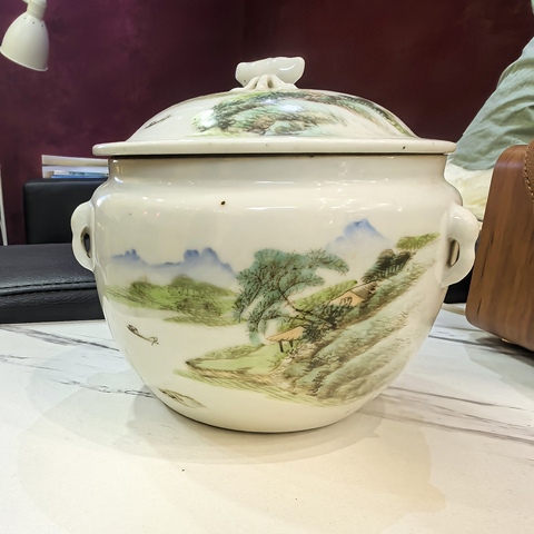 古玩陶瓷青綠山水彩山水紋四系粥罐真品鑒賞圖