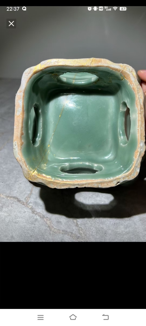 古玩陶瓷青釉四方倭角高足盤真品鑒賞圖