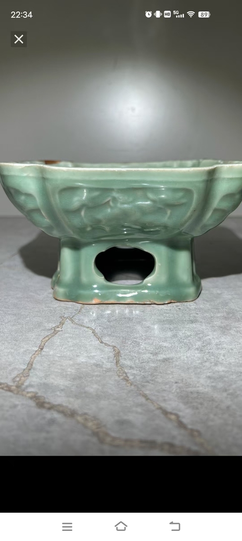 古玩陶瓷青釉四方倭角高足盤真品鑒賞圖