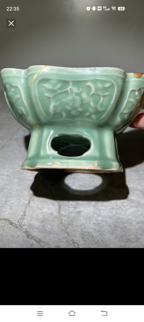 古玩陶瓷青釉四方倭角高足盤真品鑒賞圖