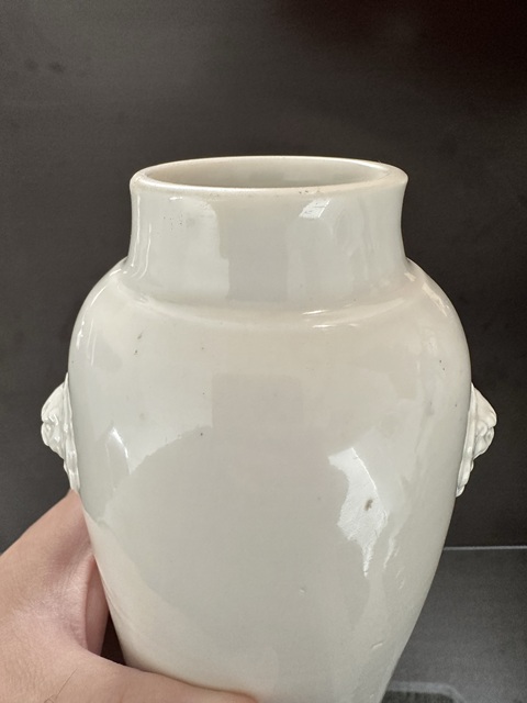 古玩陶瓷清代時期德化窯白釉雙獅頭筒瓶真品鑒賞圖