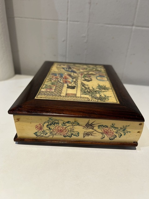 古玩雜項嵌繪人物花鳥紋梳妝盒真品鑒賞圖