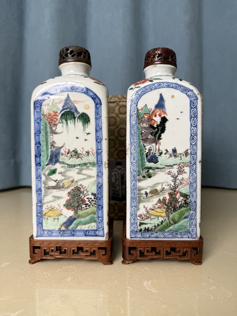 古玩陶瓷清康熙 青花五彩山水人物博古花鳥紋四方瓶一對拍賣，當前價格20000元