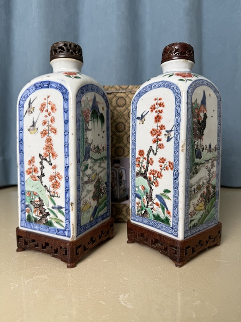 古玩陶瓷清康熙 青花五彩山水人物博古花鳥紋四方瓶一對拍賣，當前價格20000元