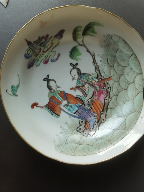 古玩陶瓷仙人乘槎粉彩盤真品鑒賞圖