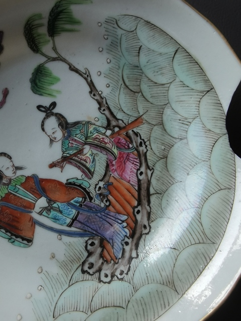 古玩陶瓷仙人乘槎粉彩盤真品鑒賞圖