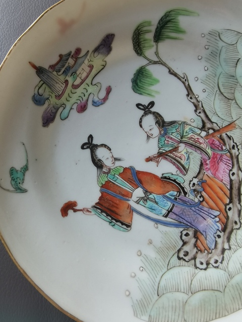 古玩陶瓷仙人乘槎粉彩盤真品鑒賞圖
