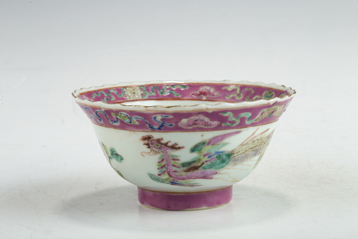 古玩陶瓷民國·粉彩鳳凰牡丹紋花口茶碗真品鑒賞圖