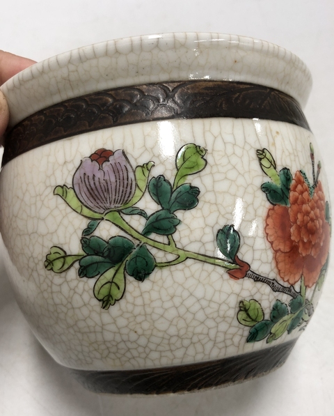 古玩陶瓷清末民初·哥釉五彩鳳凰牡丹紋案缸拍賣，當前價格2699元