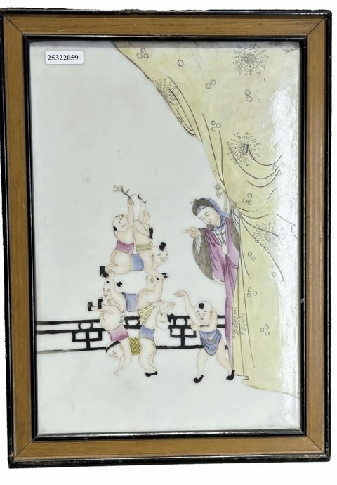 古玩陶瓷粉彩嬰戲紋瓷板真品鑒賞圖