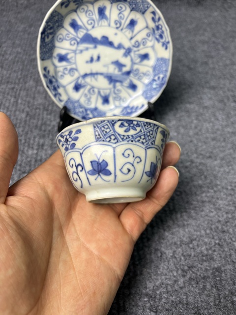 古玩陶瓷青花山水紋杯碟套真品鑒賞圖
